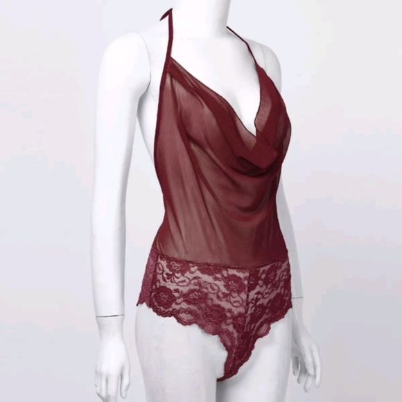 Wine Red Sheer Mesh Lace Halter Lace Up Bodysuit - Picture 4 of 6